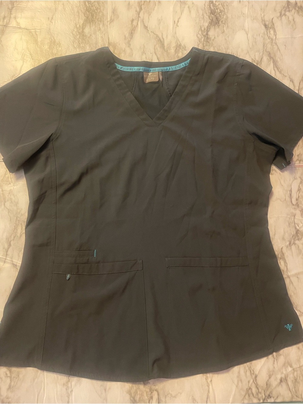 Med Couture Women's Dark Gray V-Neck Scrub Top with Teal Trim